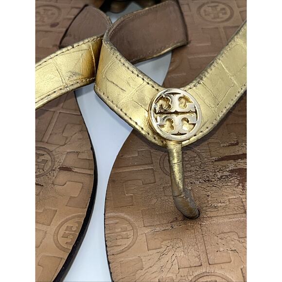 Tory Burch Thora Flip Flop Sandals Gold Leather with Gold Logo Women Size 8 - Picture 2 of 8